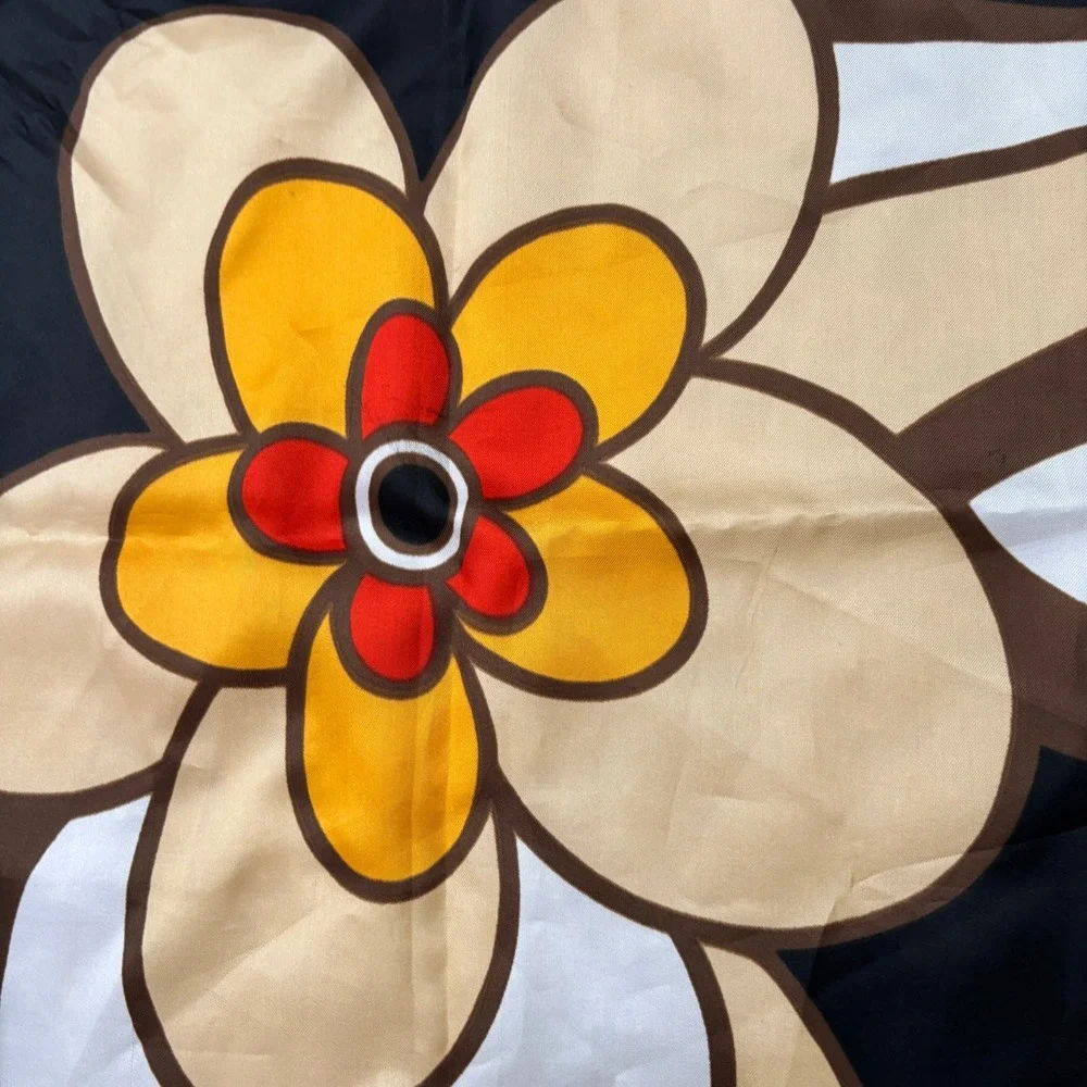 VTG Groovy Flower Square Scarf Black Orange Psychedelic Italy Made Trevira Retro
